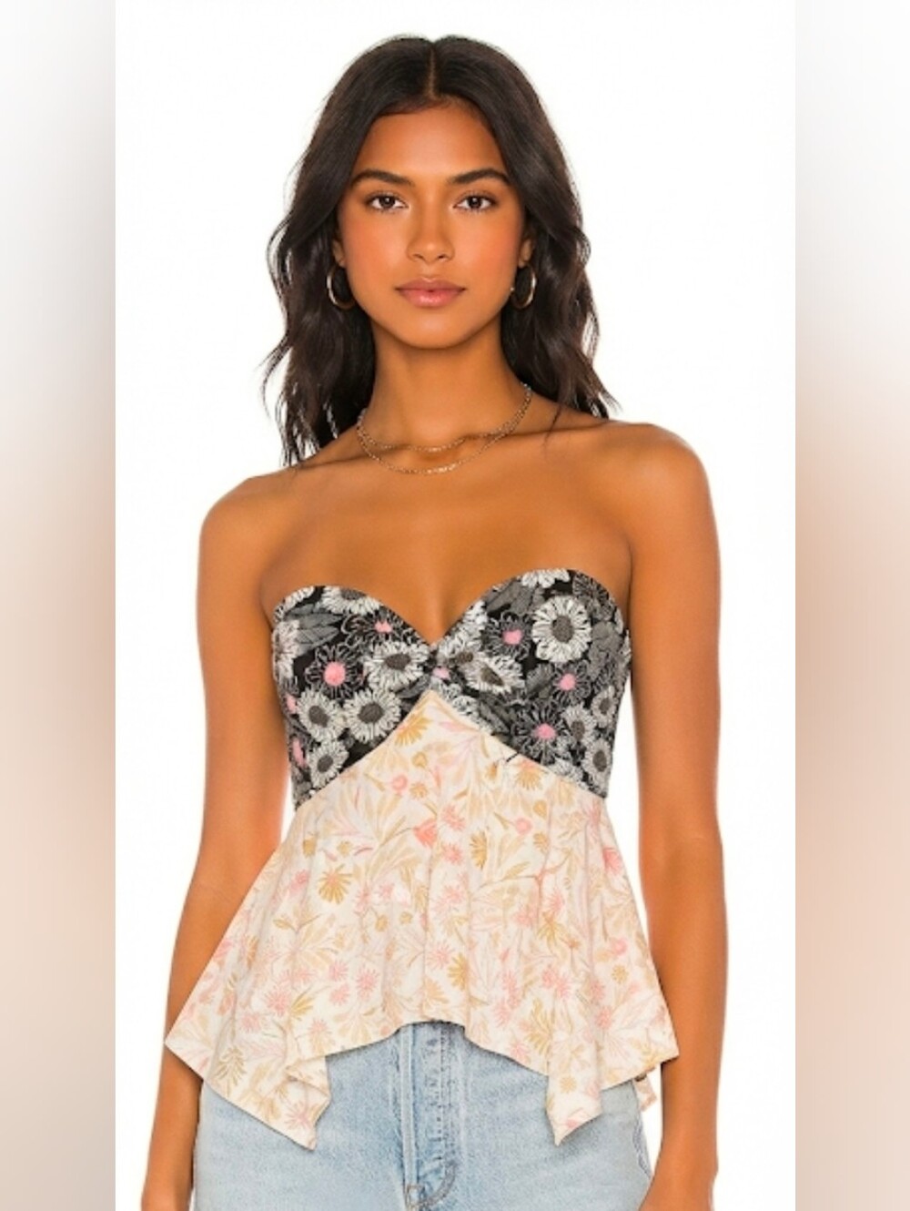 Free People Floral Two-Tone Strapless Peplum Top Size M